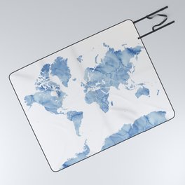 Blue watercolor world map with outlined countries, "Vance" Picnic Blanket