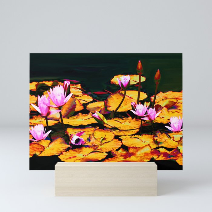 Beautiful Pink Lotus Flowers Ocher Yellow Leaves Dark Background #decor #society6 #buyart Mini Art Print