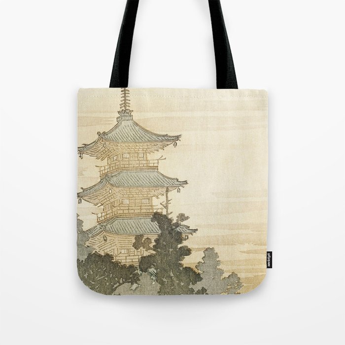 Japanese Pagoda and Rainbow - Vintage Japanese Woodblock Print Tote Bag