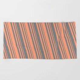 [ Thumbnail: Grey and Light Salmon Colored Lined Pattern Beach Towel ]