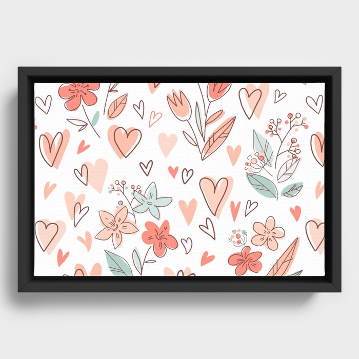 Flowers And Hearts valentines day pattern Framed Canvas