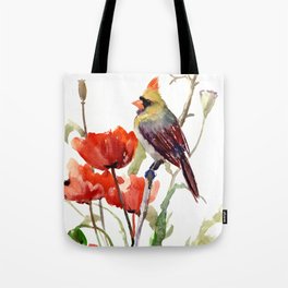 Cardinal Bird And Poppy Flowers Tote Bag
