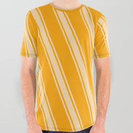 [ Thumbnail: Orange & Tan Colored Stripes/Lines Pattern All Over Graphic Tee ]
