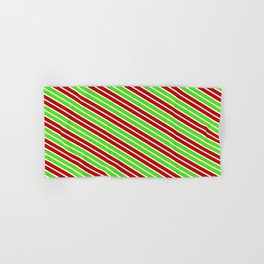 [ Thumbnail: Christmas Style Red, White & Green Colored Stripes/Lines Pattern Hand & Bath Towel ]