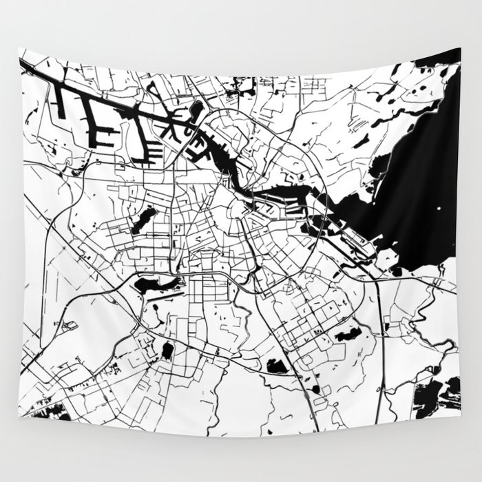 Amsterdam White on Black Street Map Wall Tapestry