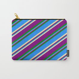[ Thumbnail: Blue, Pale Goldenrod, Purple & Green Colored Lined/Striped Pattern Carry-All Pouch ]