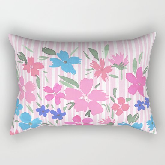 Floral Spring and Stripes Pink Rectangular Pillow