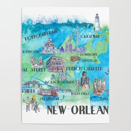 New Orleans Louisiana Favorite Travel Map with Touristic Highlights in colorful retro print Poster