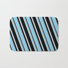 [ Thumbnail: Sky Blue, Beige, Black, and Grey Colored Stripes Pattern Bath Mat ]