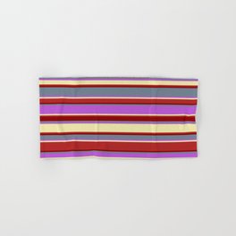 [ Thumbnail: Eyecatching Slate Gray, Orchid, Pale Goldenrod, Red, and Dark Red Colored Lines/Stripes Pattern Hand & Bath Towel ]