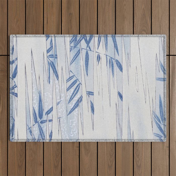 Blue Bamboo Leaves Abstract Vintage Japanese Pattern Outdoor Rug