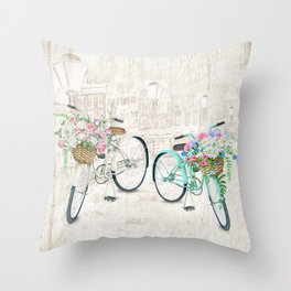 Vintage Bicycles With a City Background Throw Pillow