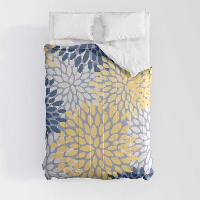 Modern Flowers Print, Yellow, White and Blue Comforter
