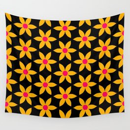 Bold Golden Yellow Magenta Daisies on Black Wall Tapestry