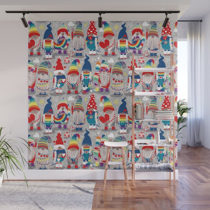 I gnome you // grey background little happy and lovely gnomes with rainbows vivid red hearts Wall Mural