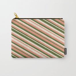 [ Thumbnail: Dark Salmon, Dark Olive Green & Beige Colored Lines/Stripes Pattern Carry-All Pouch ]