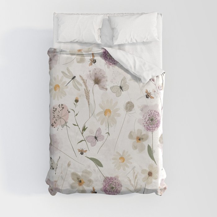 Cute Watercolor Spring Flowers Meadow Duvet Cover