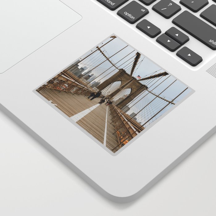 Brooklyn Bridge in New York City, USA | View on downtown from the bridge | Travel photography print | New York people walking | Tipical NY building architecture photo Art Print Sticker