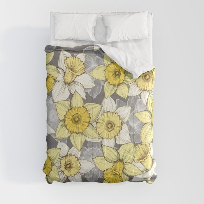 Daffodil Daze - yellow & grey daffodil illustration pattern Comforter