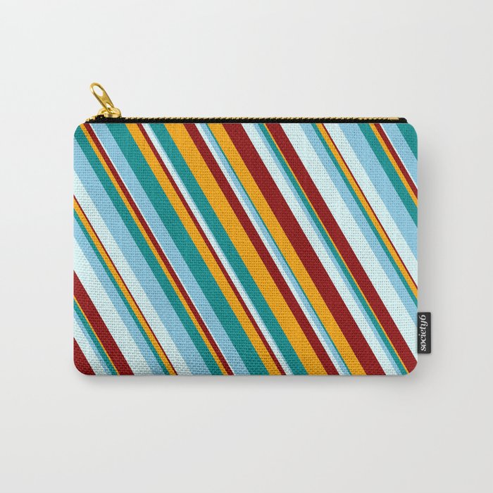 Vibrant Dark Cyan, Sky Blue, Light Cyan, Dark Red & Orange Colored Lined/Striped Pattern Carry-All Pouch