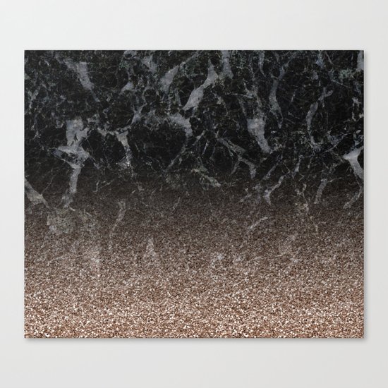 Glitter ombre - black marble & rose gold glitter Canvas Print