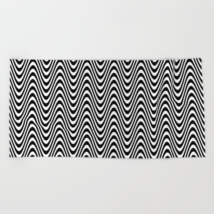 Black & White Whimsical Wave Wavy Lines Pattern Beach Towel