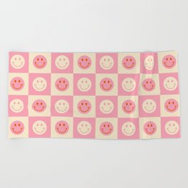 70s Retro Smiley Face Tile Pattern in Pink & Beige Beach Towel