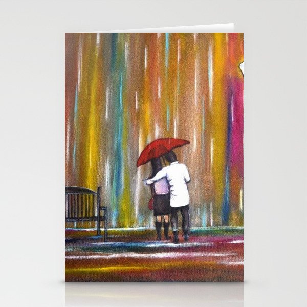 Love in a twilight colorful rain; couple with red umbrella romantic portrait painting by Manjiri Stationery Cards