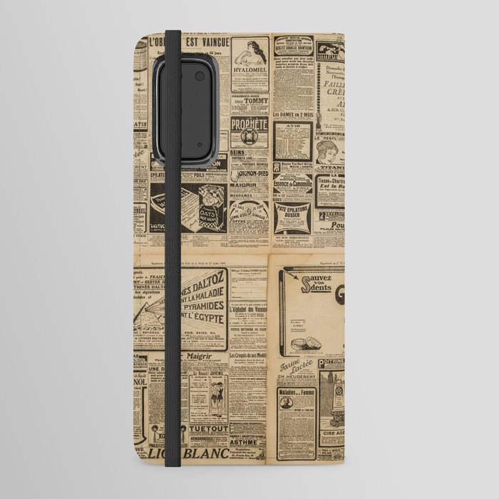Used paper background. Old newspaper page with vintage advertising Android Wallet Case