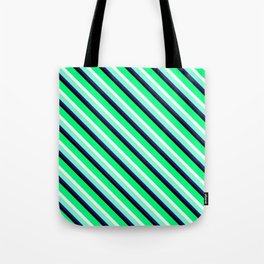 [ Thumbnail: Eyecatching Green, White, Aquamarine, Midnight Blue & Black Colored Stripes Pattern Tote Bag ]