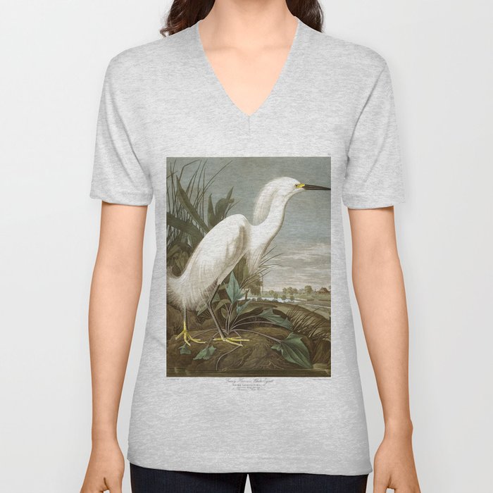 Snowy heron, Birds of America, Audubon Plate 242 V Neck T Shirt