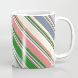 [ Thumbnail: Eye-catching Beige, Light Coral, Forest Green, Grey, and Slate Gray Colored Lined/Striped Pattern Coffee Mug ]