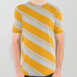 [ Thumbnail: Light Gray & Orange Colored Lines Pattern All Over Graphic Tee ]
