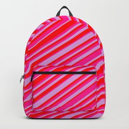 [ Thumbnail: Plum, Red & Deep Pink Colored Lined/Striped Pattern Backpack ]