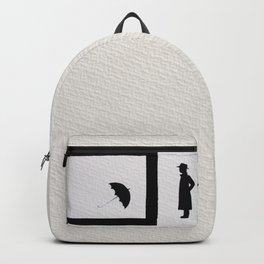 Darn It. Backpack | Painting, Graphic Design, Minimal, Black and White, Monochrome, Lost, Puzzle, Frame, Solving, People 