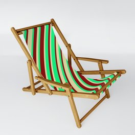 [ Thumbnail: Green, Dark Red & Pale Goldenrod Colored Stripes Pattern Sling Chair ]