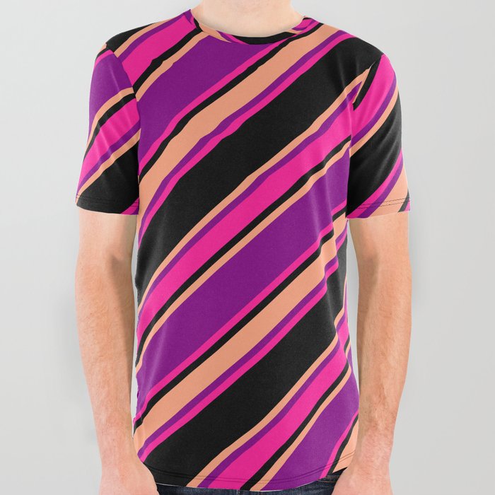 Purple, Deep Pink, Black & Light Salmon Colored Striped Pattern All Over Graphic Tee