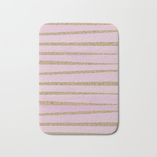 Soft Pink and Gold faux Glitter Stripes Bath Mat