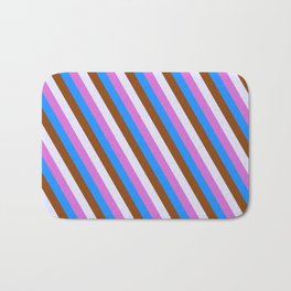 [ Thumbnail: Orchid, Blue, Brown, and Lavender Colored Lined/Striped Pattern Bath Mat ]