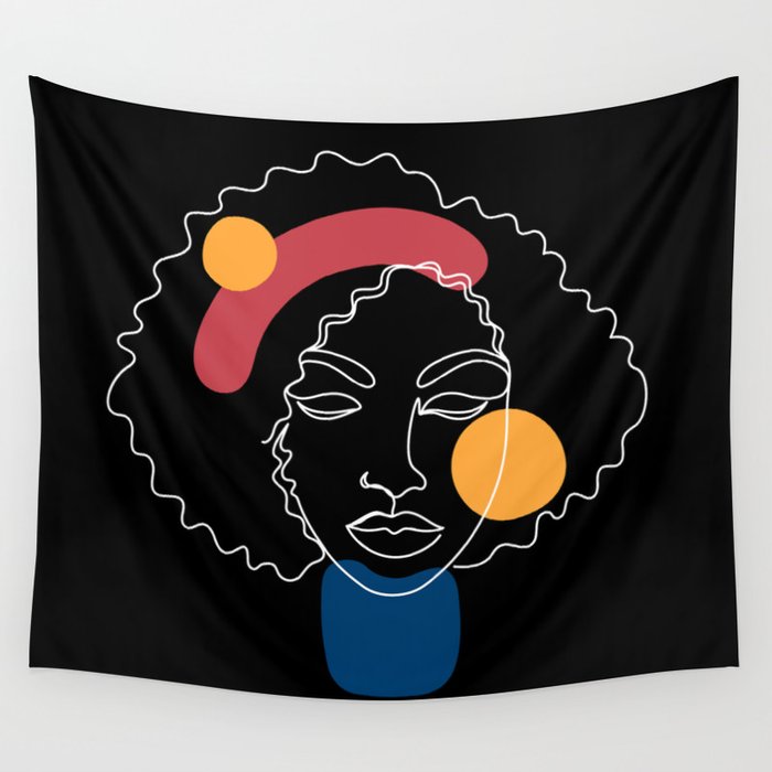 African woman in a line art style with abstract shapes on a black background. Wall Tapestry