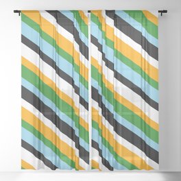 [ Thumbnail: Vibrant White, Orange, Forest Green, Sky Blue, and Black Colored Lined/Striped Pattern Sheer Curtain ]