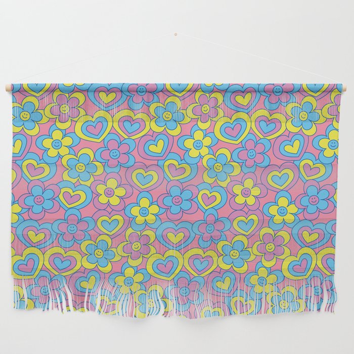 Happy Daisy and Heart Pattern, Vibrant Colors, Blue, Yellow, Pink Wall Hanging