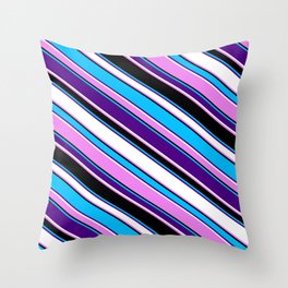 [ Thumbnail: Eyecatching Deep Sky Blue, Indigo, White, Violet & Black Colored Stripes/Lines Pattern Throw Pillow ]