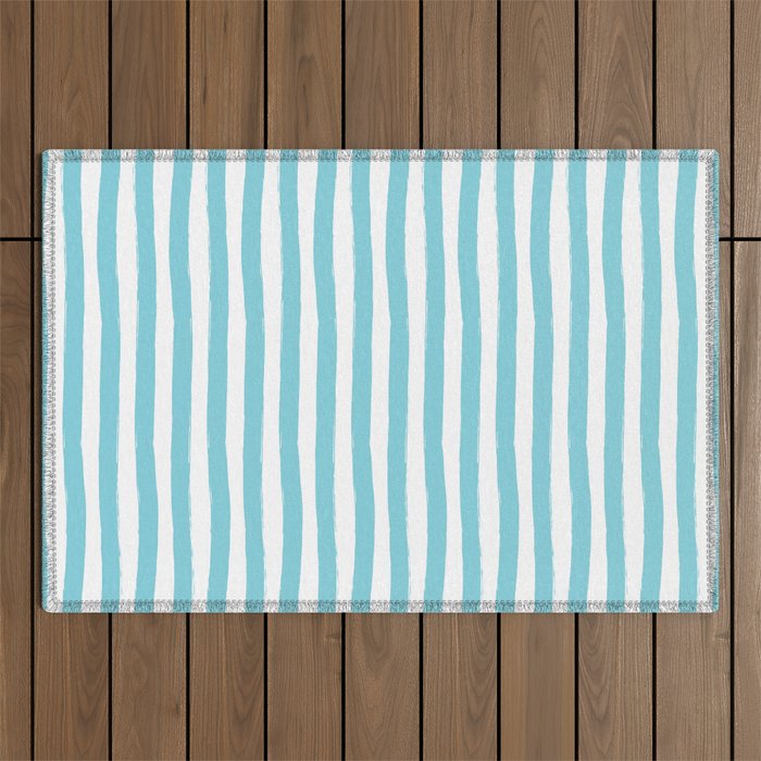 Turquoise and White Cabana Stripes Palm Beach Preppy Outdoor Rug