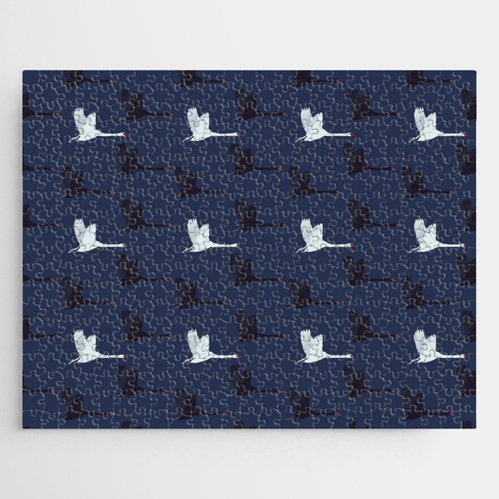 Flying Elegant Swan Pattern on Navy Blue Background Jigsaw Puzzle