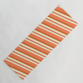 [ Thumbnail: Beige, Coral & Chocolate Colored Stripes Pattern Yoga Mat ]