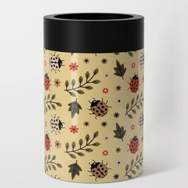 Ladybug and Floral Seamless Pattern on Tan Background Can Cooler
