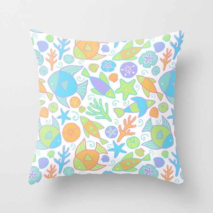 Colorful Tropical Fish Pattern Coastal Decor Throw Pillow By
