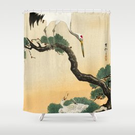 Crane and its chicks on a pine tree  - Vintage Japanese Woodblock Print Art Shower Curtain