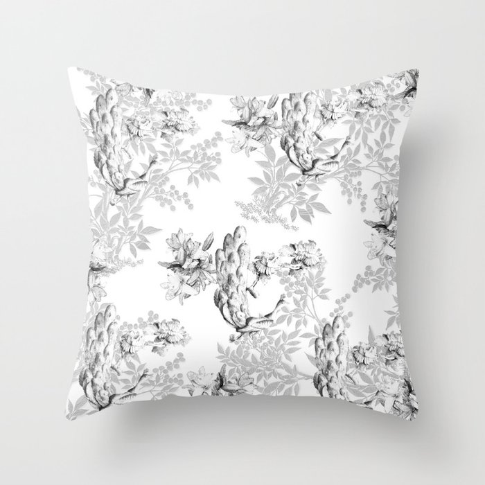 PEACOCK LILY TREE AND LEAF TOILE GRAY AND WHITE PATTERN Throw Pillow
